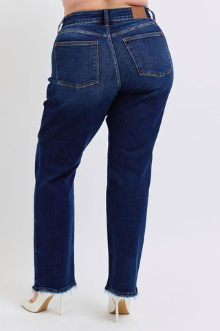 Judy Blue Mid Rise Fray Hem Straight Denim Jeans 82622