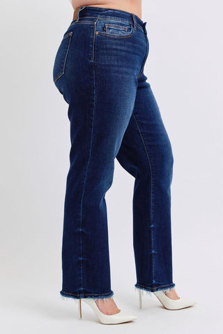 Judy Blue Mid Rise Fray Hem Straight Denim Jeans 82622