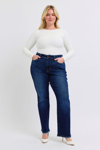Judy Blue Mid Rise Fray Hem Straight Denim Jeans 82622