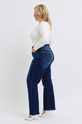 Judy Blue Mid Rise Fray Hem Straight Denim Jeans 82622