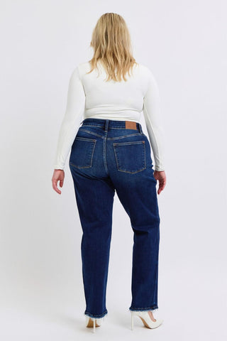 Judy Blue Mid Rise Fray Hem Straight Denim Jeans 82622