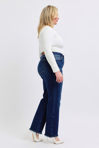 Judy Blue Mid Rise Fray Hem Straight Denim Jeans 82622