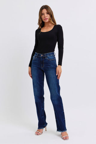Judy Blue Mid Rise Fray Hem Straight Denim Jeans 82622