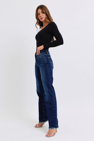 Judy Blue Mid Rise Fray Hem Straight Denim Jeans 82622