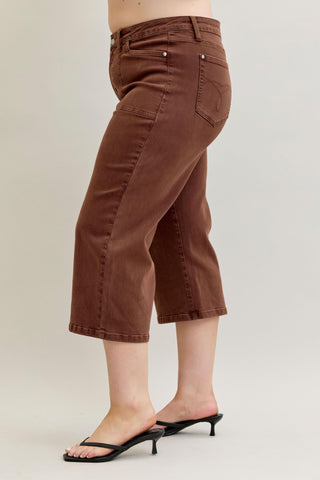 Judy Blue Mid Rise Garment Dyed Maple Utility Pocket Wide Leg Crop Denim Jeans 881017