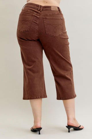 Judy Blue Mid Rise Garment Dyed Maple Utility Pocket Wide Leg Crop Denim Jeans 881017