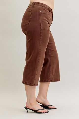 Judy Blue Mid Rise Garment Dyed Maple Utility Pocket Wide Leg Crop Denim Jeans 881017