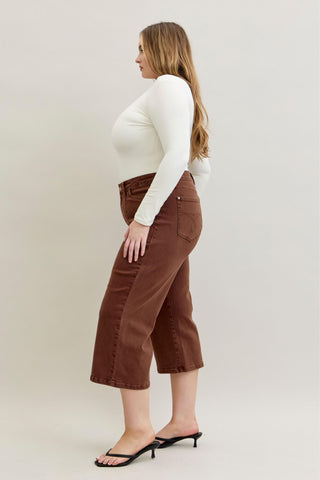 Judy Blue Mid Rise Garment Dyed Maple Utility Pocket Wide Leg Crop Denim Jeans 881017