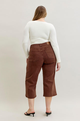 Judy Blue Mid Rise Garment Dyed Maple Utility Pocket Wide Leg Crop Denim Jeans 881017