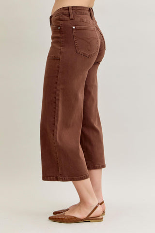 Judy Blue Mid Rise Garment Dyed Maple Utility Pocket Wide Leg Crop Denim Jeans 881017