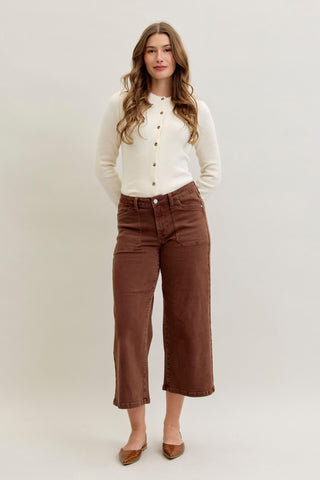 Judy Blue Mid Rise Garment Dyed Maple Utility Pocket Wide Leg Crop Denim Jeans 881017