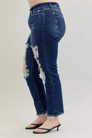 Judy Blue Mid Rise Heavy Destroy Straight Denim Jeans 82534
