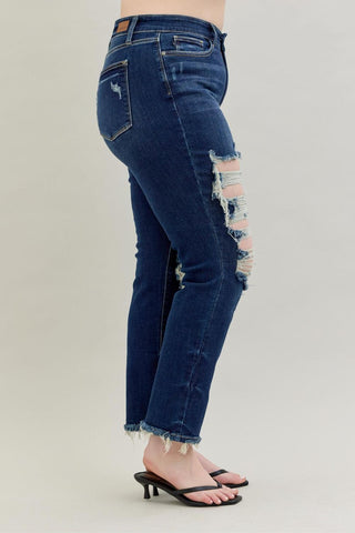 Judy Blue Mid Rise Heavy Destroy Straight Denim Jeans 82534