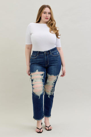 Judy Blue Mid Rise Heavy Destroy Straight Denim Jeans 82534