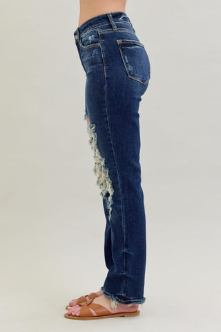 Judy Blue Mid Rise Heavy Destroy Straight Denim Jeans 82534