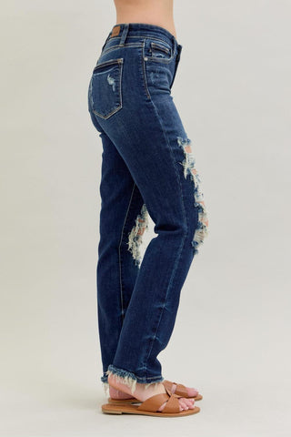 Judy Blue Mid Rise Heavy Destroy Straight Denim Jeans 82534