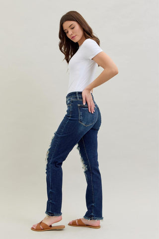 Judy Blue Mid Rise Heavy Destroy Straight Denim Jeans 82534