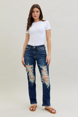 Judy Blue Mid Rise Heavy Destroy Straight Denim Jeans 82534