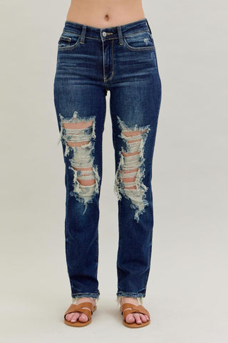 Judy Blue Mid Rise Heavy Destroy Straight Denim Jeans 82534