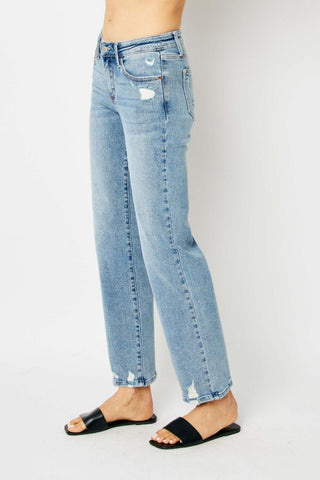 Judy Blue Mid Rise Medium Wash Destroy Straight Denim Jeans 88656