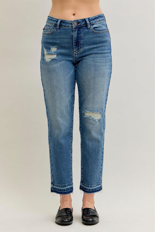 Judy Blue Mid Rise Patch & Repair Destroy Release Hem Boyfriend Denim Jeans 881045