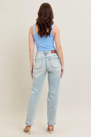 Judy Blue Mid Rise Repair Stitch Detail Destroy Single Cuff Boyfriend Denim Jeans 88972