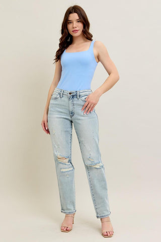 Judy Blue Mid Rise Repair Stitch Detail Destroy Single Cuff Boyfriend Denim Jeans 88972