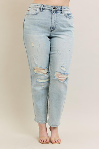 Judy Blue Mid Rise Repair Stitch Detail Destroy Single Cuff Boyfriend Denim Jeans 88972