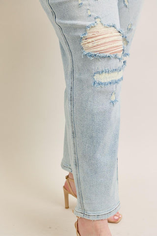 Judy Blue Mid Rise Repair Stitch Detail Destroy Single Cuff Boyfriend Denim Jeans 88972