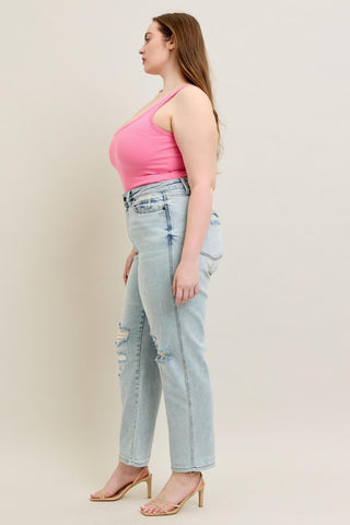 Judy Blue Mid Rise Repair Stitch Detail Destroy Single Cuff Boyfriend Denim Jeans 88972