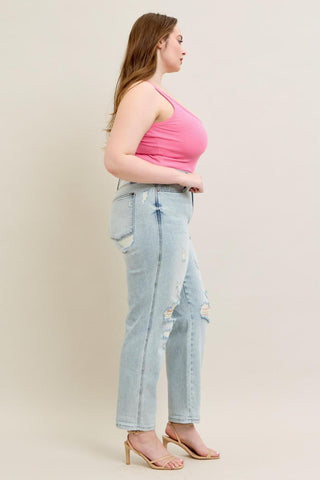 Judy Blue Mid Rise Repair Stitch Detail Destroy Single Cuff Boyfriend Denim Jeans 88972