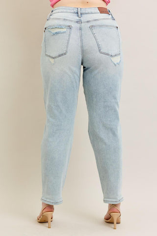 Judy Blue Mid Rise Repair Stitch Detail Destroy Single Cuff Boyfriend Denim Jeans 88972