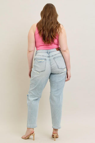 Judy Blue Mid Rise Repair Stitch Detail Destroy Single Cuff Boyfriend Denim Jeans 88972