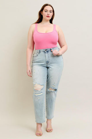 Judy Blue Mid Rise Repair Stitch Detail Destroy Single Cuff Boyfriend Denim Jeans 88972