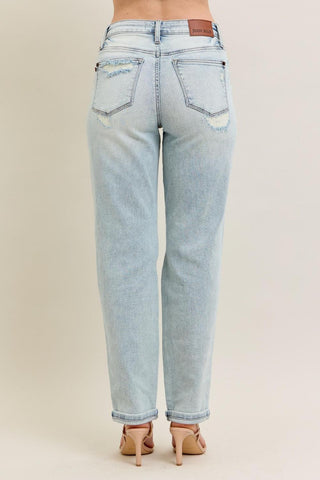 Judy Blue Mid Rise Repair Stitch Detail Destroy Single Cuff Boyfriend Denim Jeans 88972