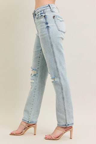 Judy Blue Mid Rise Repair Stitch Detail Destroy Single Cuff Boyfriend Denim Jeans 88972