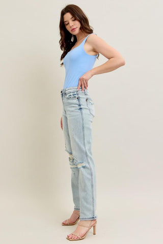 Judy Blue Mid Rise Repair Stitch Detail Destroy Single Cuff Boyfriend Denim Jeans 88972