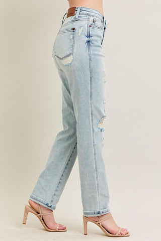 Judy Blue Mid Rise Repair Stitch Detail Destroy Single Cuff Boyfriend Denim Jeans 88972