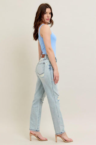 Judy Blue Mid Rise Repair Stitch Detail Destroy Single Cuff Boyfriend Denim Jeans 88972