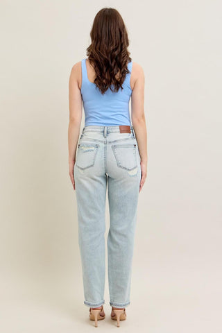 Judy Blue Mid Rise Repair Stitch Detail Destroy Single Cuff Boyfriend Denim Jeans 88972