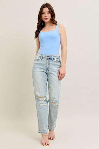 Judy Blue Mid Rise Repair Stitch Detail Destroy Single Cuff Boyfriend Denim Jeans 88972