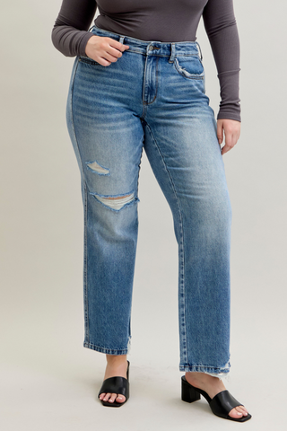 Judy Blue Mid Rise Rigid Magic Destroy Straight Denim Jeans 881038