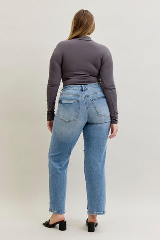 Judy Blue Mid Rise Rigid Magic Destroy Straight Denim Jeans 881038