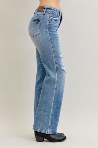 Judy Blue Mid Rise Rigid Magic Destroy Straight Denim Jeans 881038