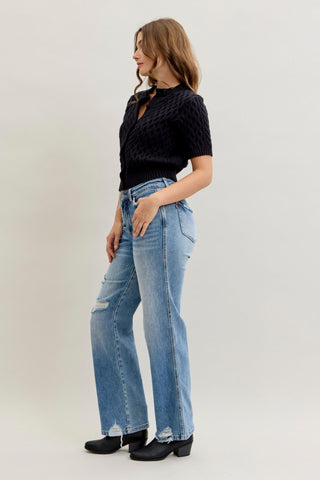 Judy Blue Mid Rise Rigid Magic Destroy Straight Denim Jeans 881038