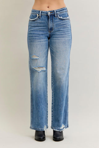 Judy Blue Mid Rise Rigid Magic Destroy Straight Denim Jeans 881038