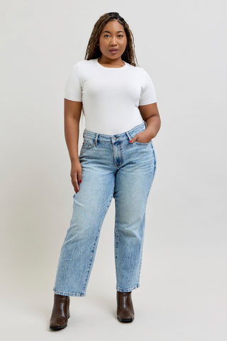 Judy Blue Mid Rise Rigid Magic Destroy Straight Denim Jeans 881060 - Petite