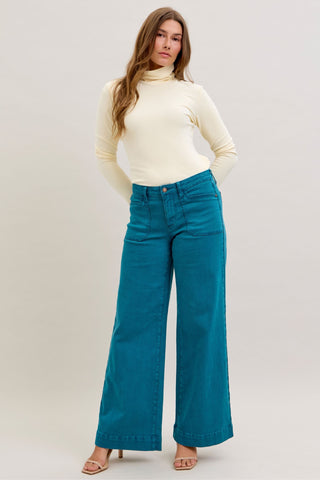 Judy Blue Mid Rise Teal Utility Wide Leg Denim Jeans 881061