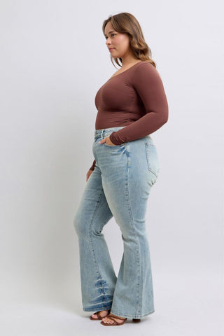 Judy Blue Mid Rise Tinted Pin Tack Detail Flare Denim Jeans 88655