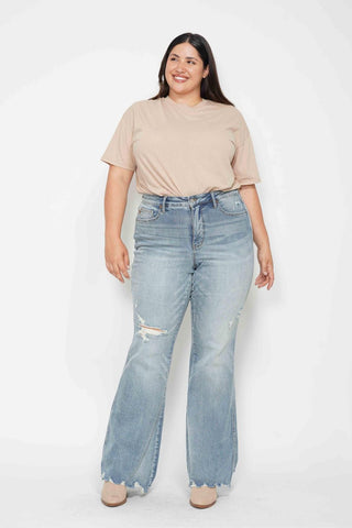 Judy Blue Mid Rise Tummy Control Destroy Flare Denim Jeans 88594